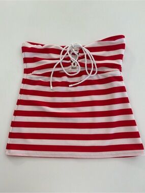 Red and White Striped Lace-Up Tube Top by Ra